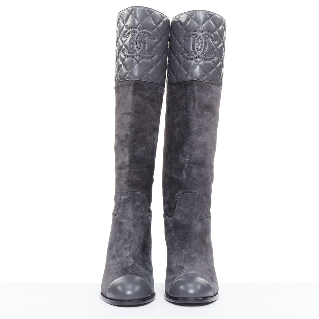 CHANEL 2023 grey suede diamond quilted CC logo block heel boots EU38.5