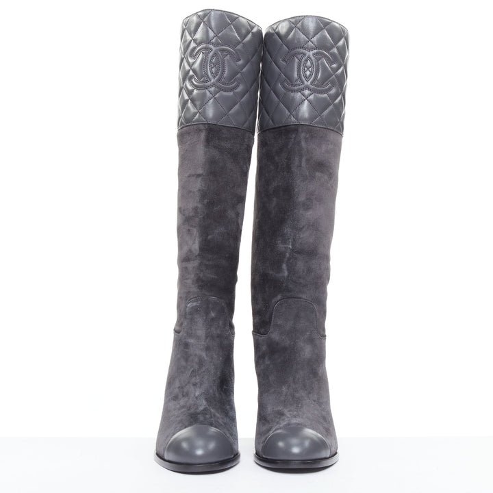 CHANEL 2023 grey suede diamond quilted CC logo block heel boots EU38.5