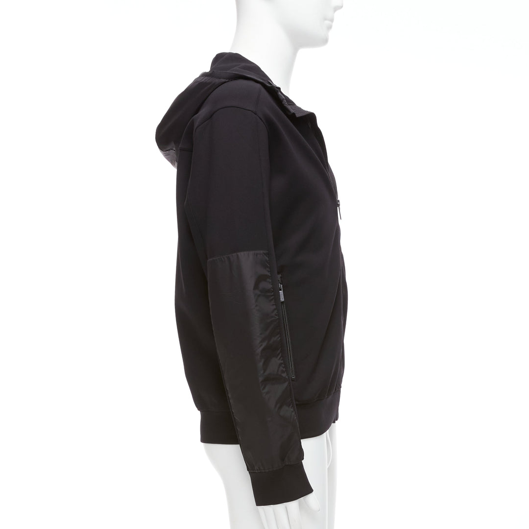 PRADA 2018 black technical jersey fabric nylon panelled sleeve hooded zip up M