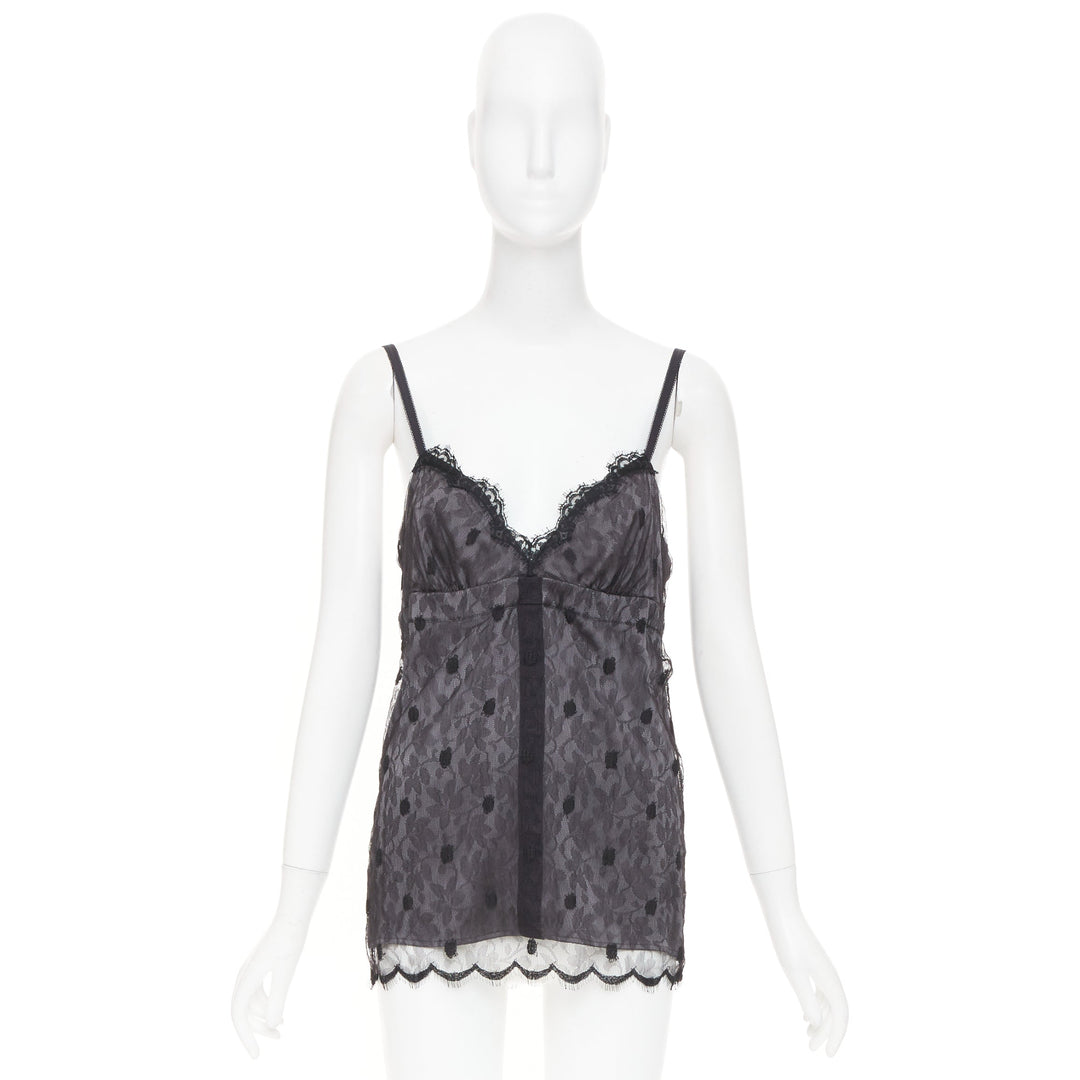 JOHN GALLIANO Vintage Joyce grey floral lace polka dot trim silk camisole top S