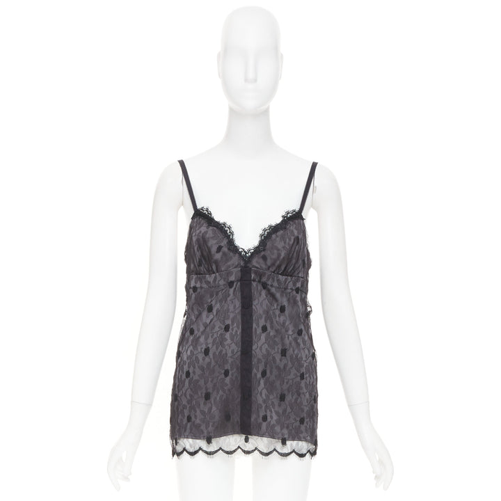 JOHN GALLIANO Vintage Joyce grey floral lace polka dot trim silk camisole top S