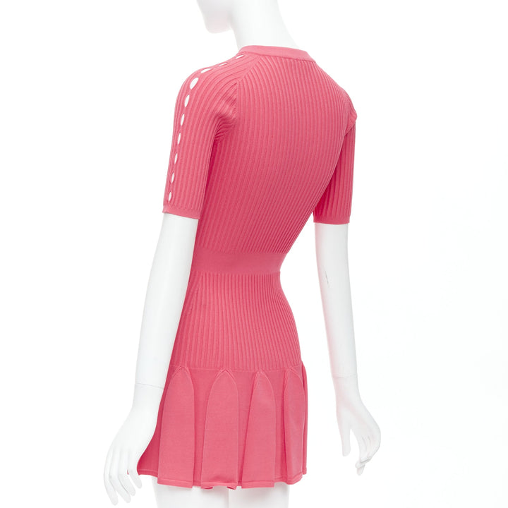 BALMAIN coral pink  keyhole neck ribbed flutter skirt mini dress FR34 XS