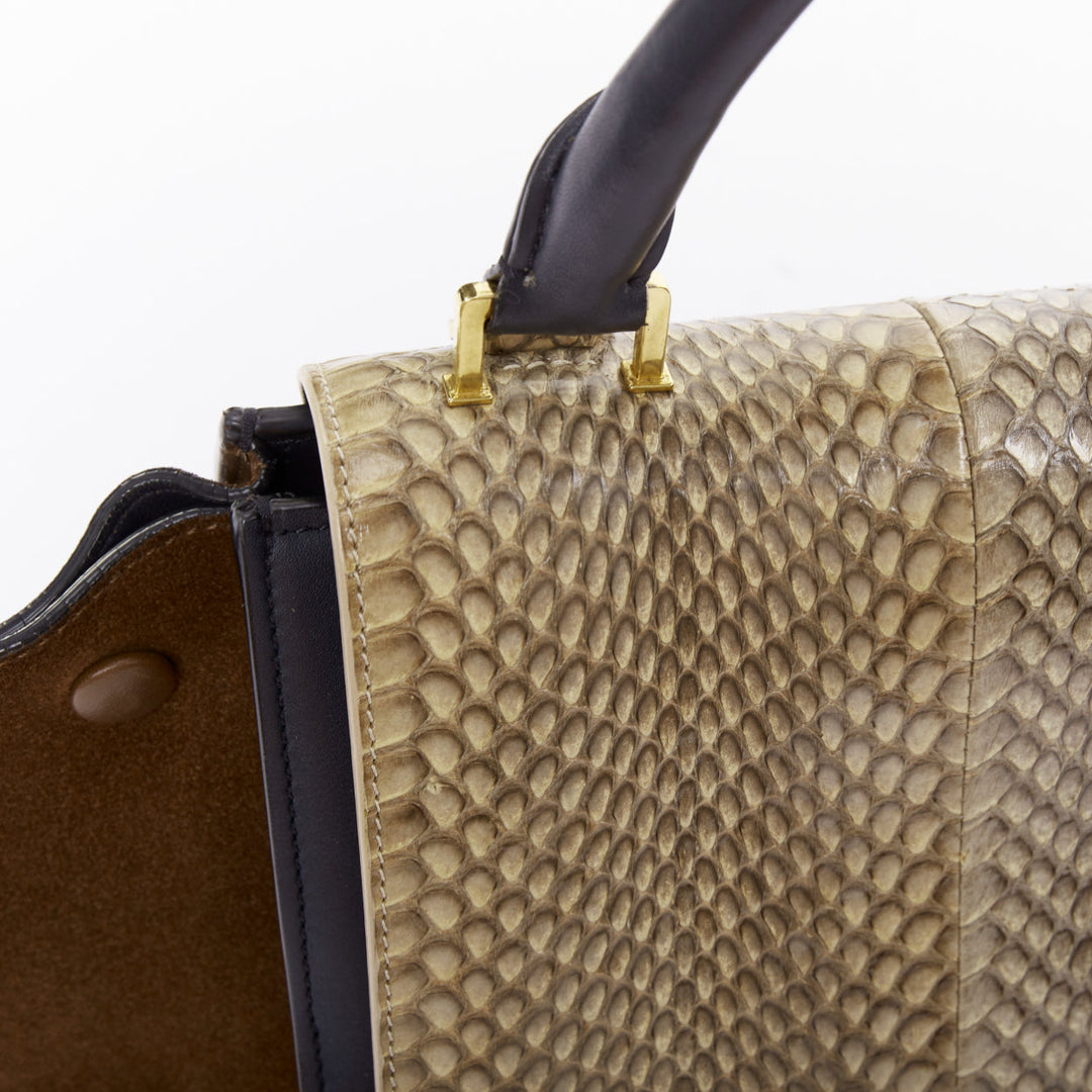 CELINE Trapeze beige scaled leather flap navy brown gold hardware bag