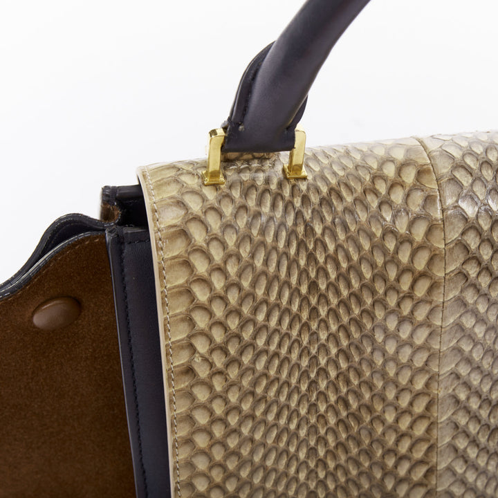 CELINE Trapeze beige scaled leather flap navy brown gold hardware bag