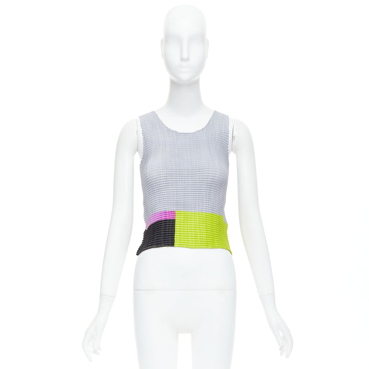 ISSEY MIYAKE neon green pink grey colorblock pleated tank top M