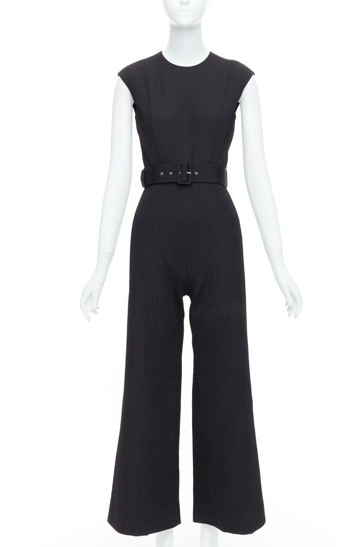 EMILIA WICKSTEAD black cloque crew neck cropped belted jumpsuit UK8 S