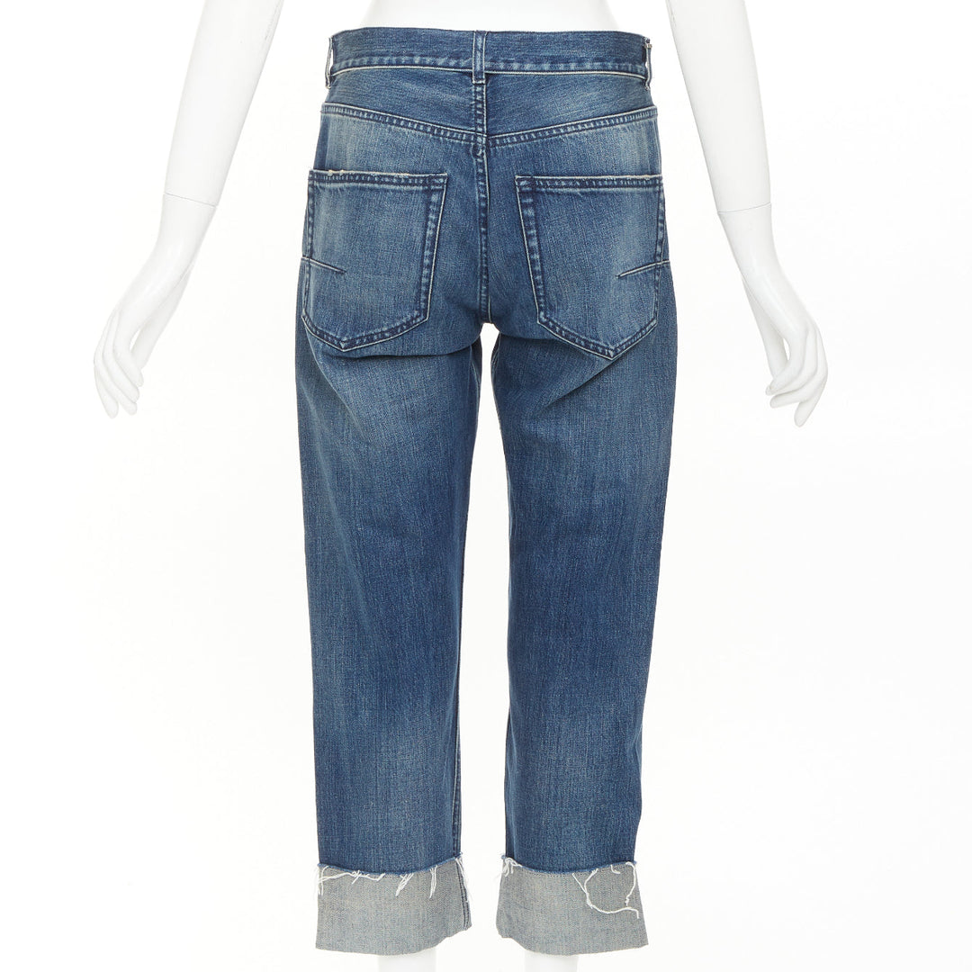 DIOR CD 01 blue denim logo tape cuff frayed boyfriend cropped jeans FR36 S