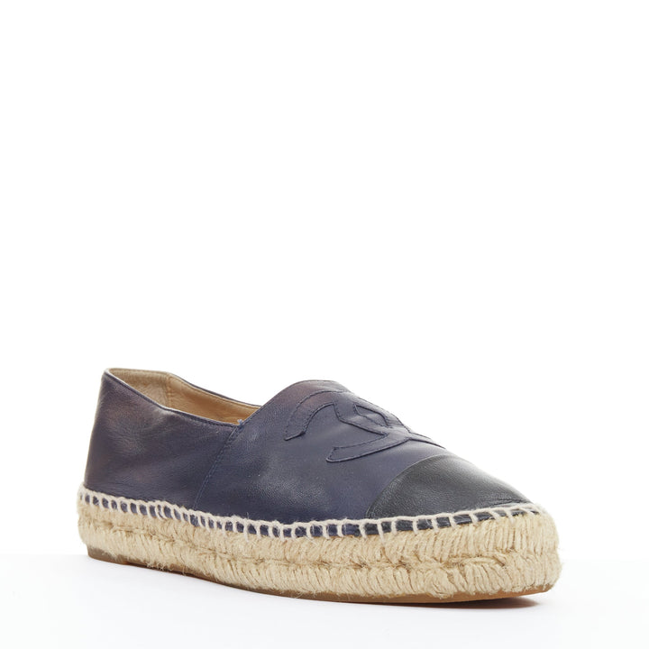 CHANEL navy lambskin leather CC logo applique jute espadrille shoes EU37