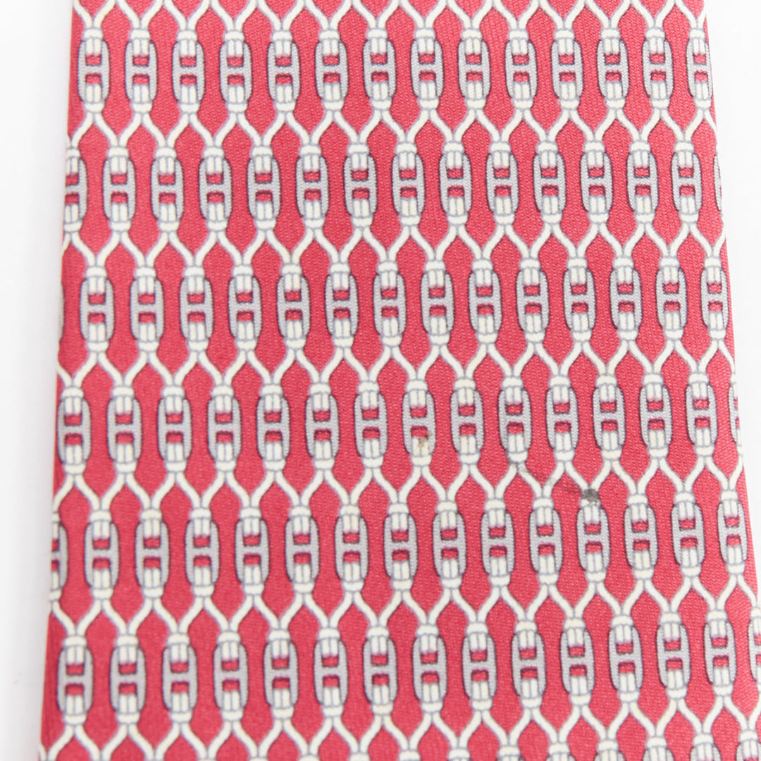 HERMES 7199 UA red grey signature H chain lock print silk tie