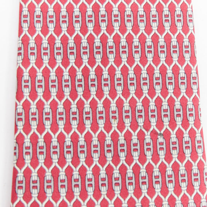 HERMES 7199 UA red grey signature H chain lock print silk tie