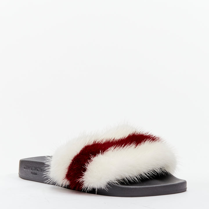 GIVENCHY Tisci fox fur red white stripes debossed logo black pool slides EU38