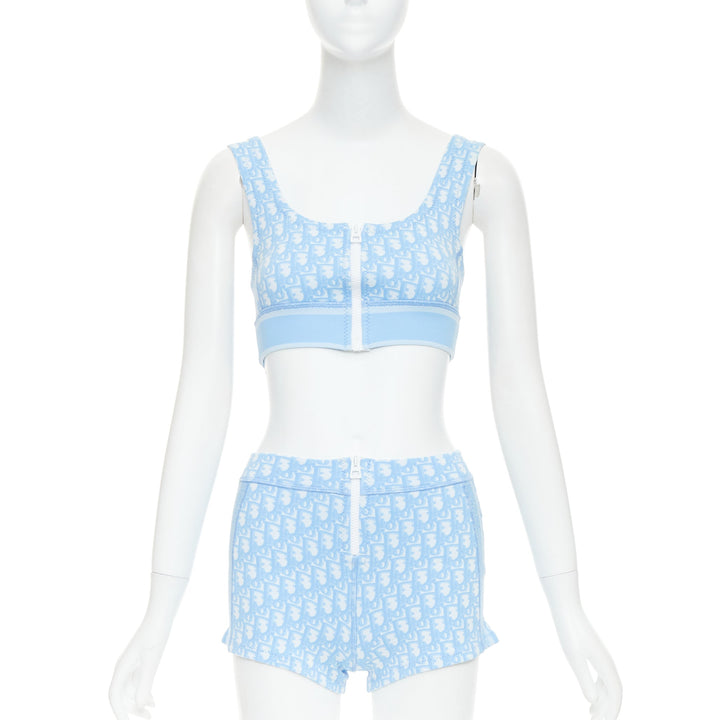 CHRISTIAN DIOR 2021 blue white Oblique monogram zip crop top shorts set FR34 XS