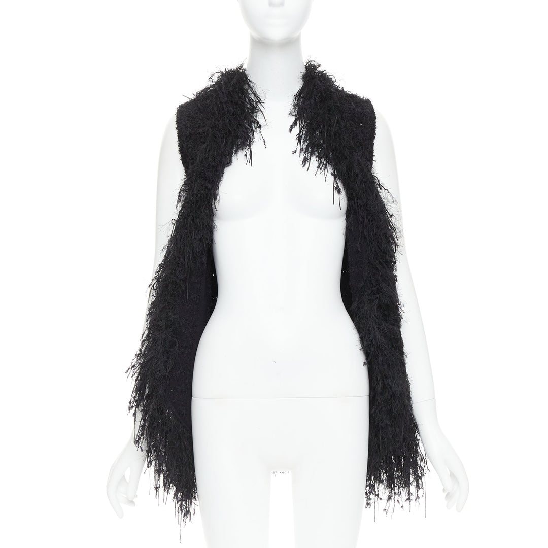 BALMAIN black fringe tweed gold varsity buttons drape front vest FR36 S