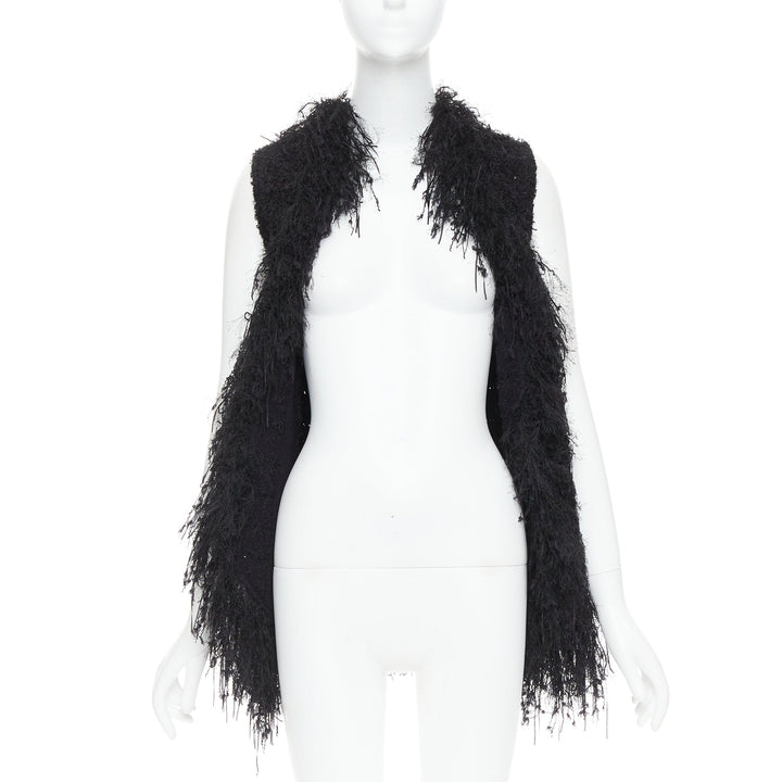 BALMAIN black fringe tweed gold varsity buttons drape front vest FR36 S