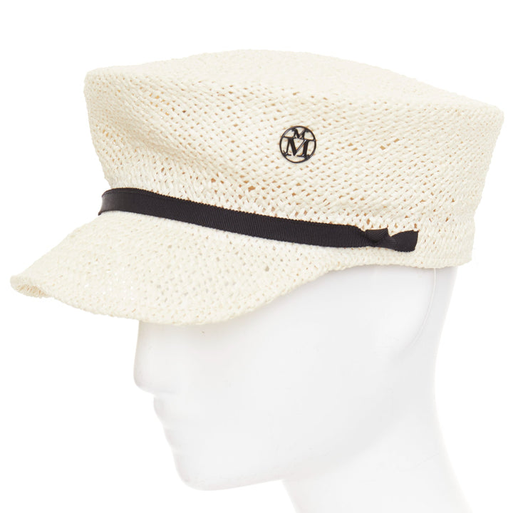 MAISON MICHEL Abbey Sailor light beige raffia MM logo black ribbon cap M