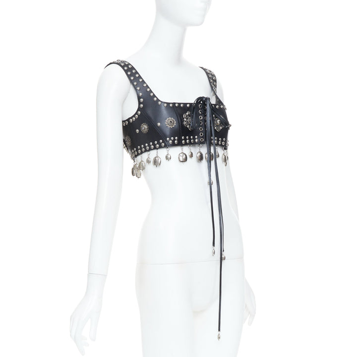 rare ALEXANDER MCQUEEN 2017 Runway studded lace up charm calf leather bra top S