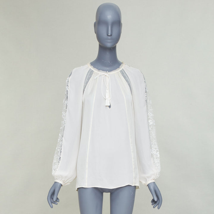 EMILIO PUCCI 100% silk ivory lace trim puff sleeves boho peasant blouse IT40 S