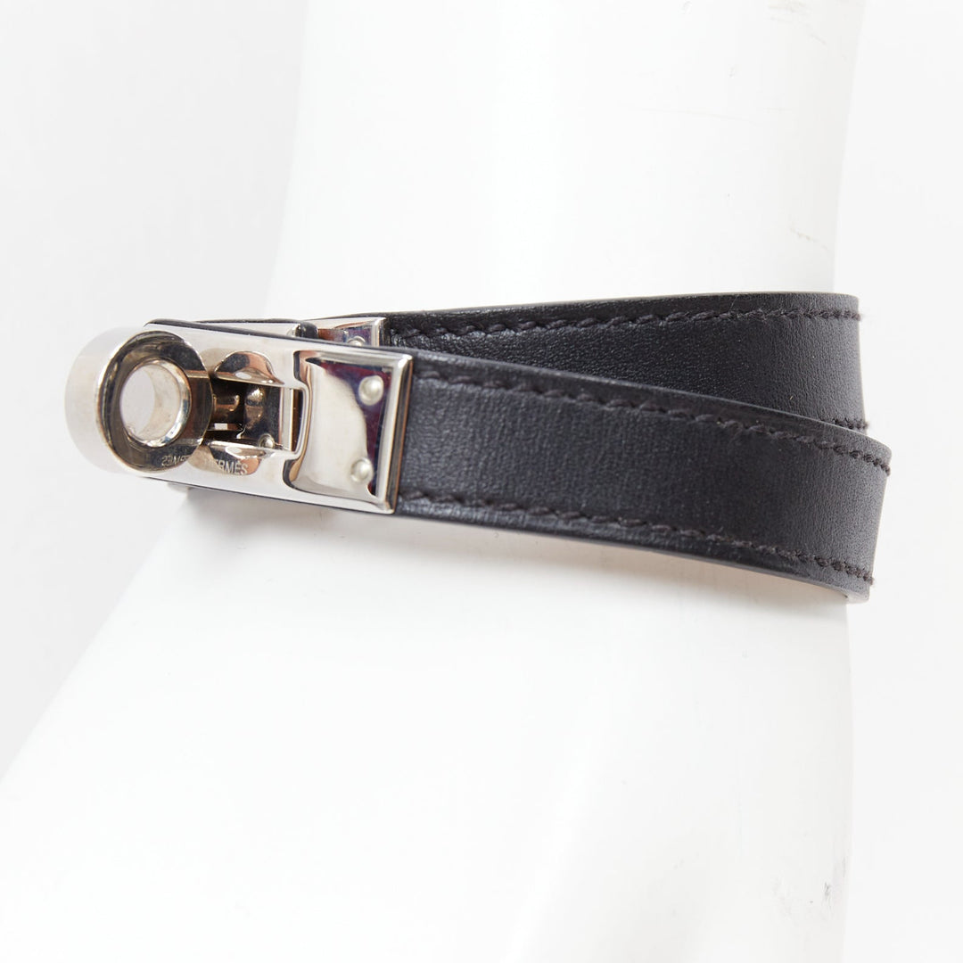 HERMES Kelly Double Tour black PHW leather wrap turnlock bracelet M