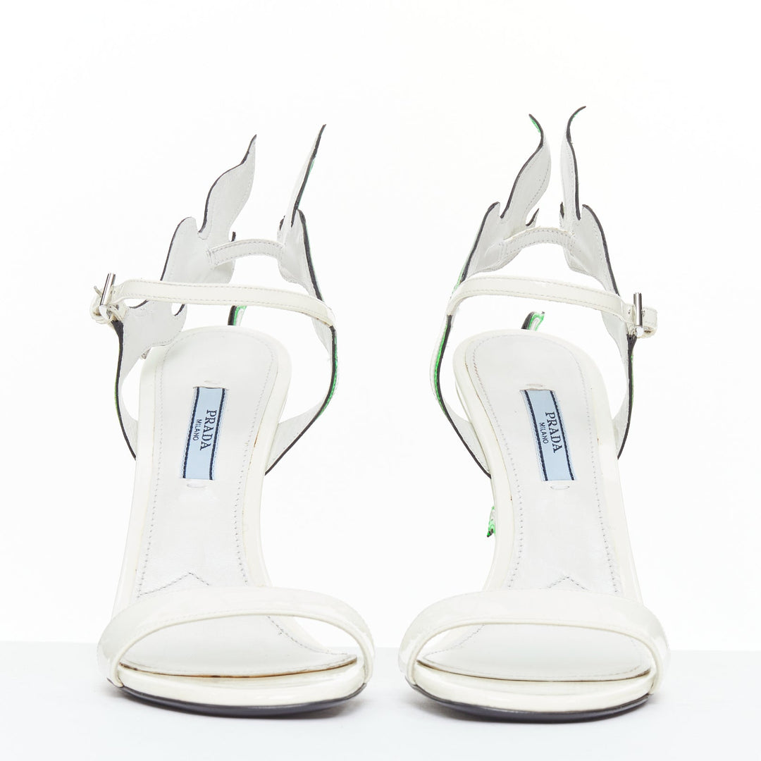 rare PRADA 2018 Flame Wedge white neon green patent Fire heel sandal EU37