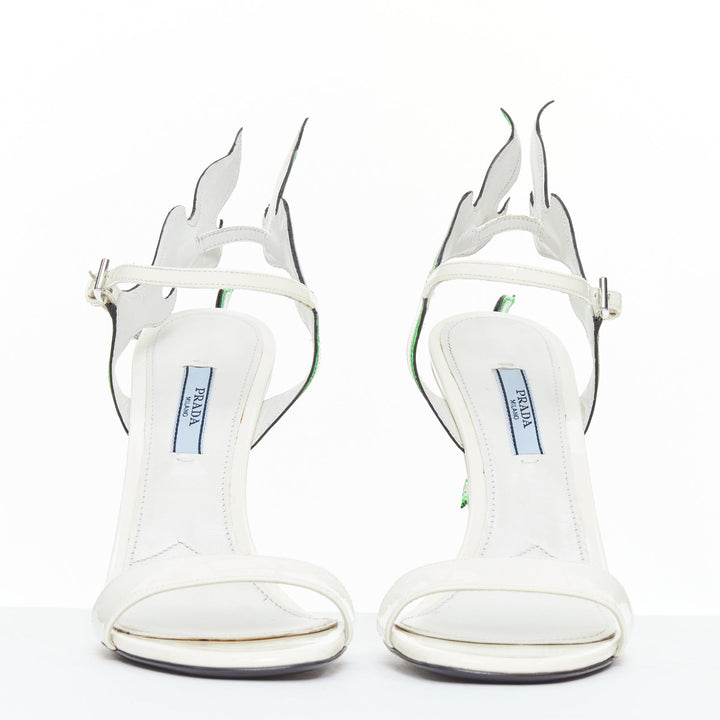 rare PRADA 2018 Flame Wedge white neon green patent Fire heel sandal EU37