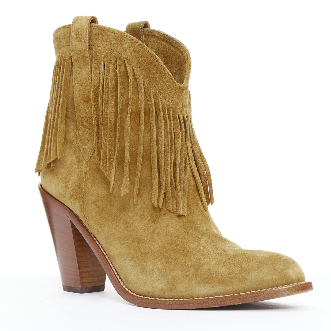 SAINT LAURENT New Western 80 brown suede fringe western boots EU39.5