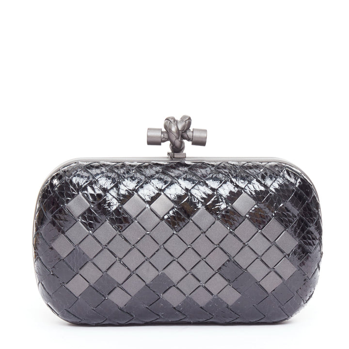 BOTTEGA VENETA Mosaique Box Knot ayers leather intrecciato woven metal clutch