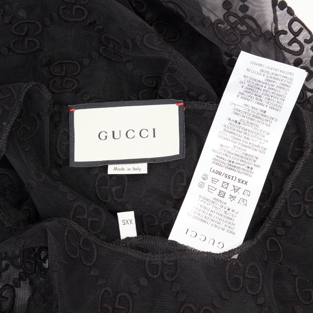 GUCCI 2019 black sheer monogram GG embroidered tulle long sleeve top XXS