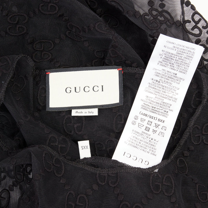 GUCCI 2019 black sheer monogram GG embroidered tulle long sleeve top XXS