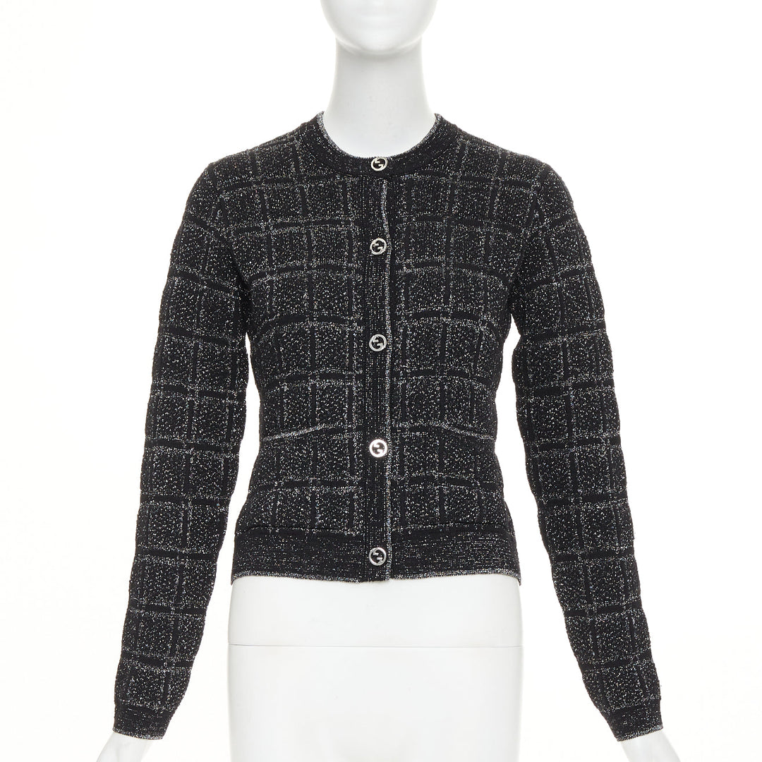GUCCI 2025 black silver metallic checked Vintage GG buttons cardigan sweater XS