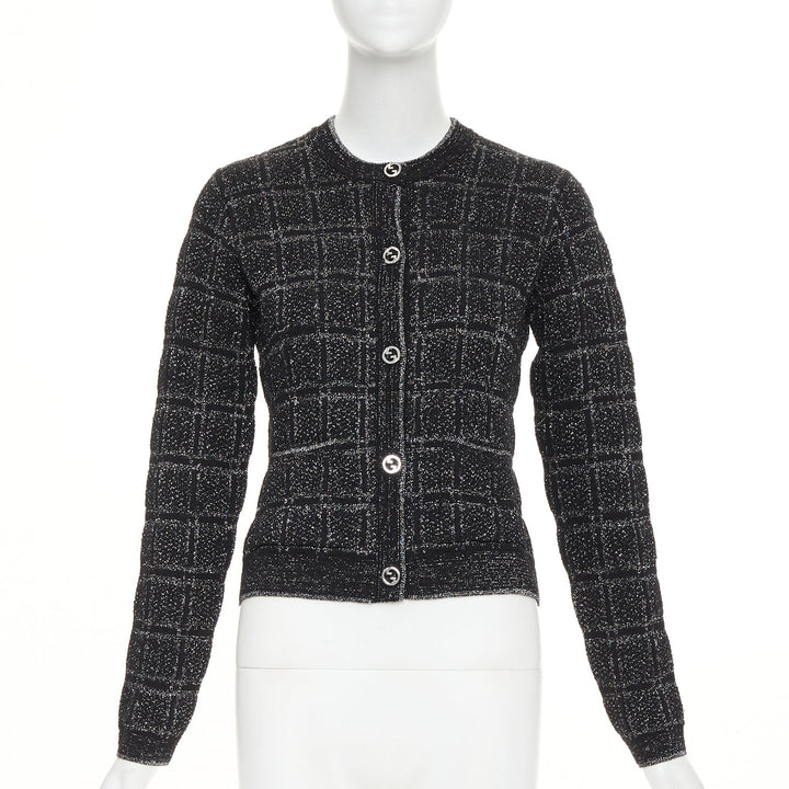 GUCCI 2025 black silver metallic checked Vintage GG buttons cardigan sweater XS