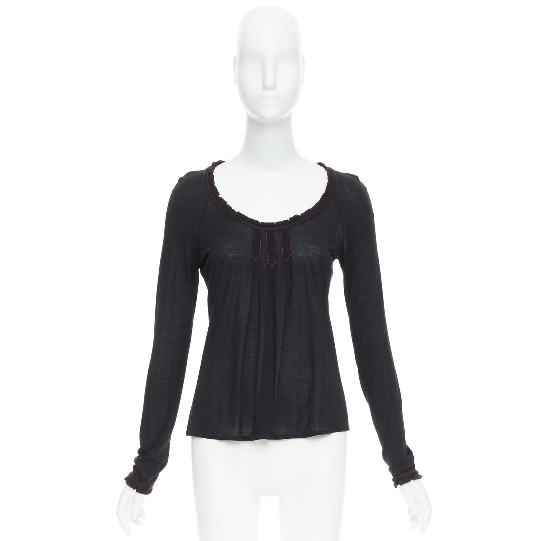 GUCCI 2006 Vintage black red overstitch nylon modal scoop neck plisse top M
