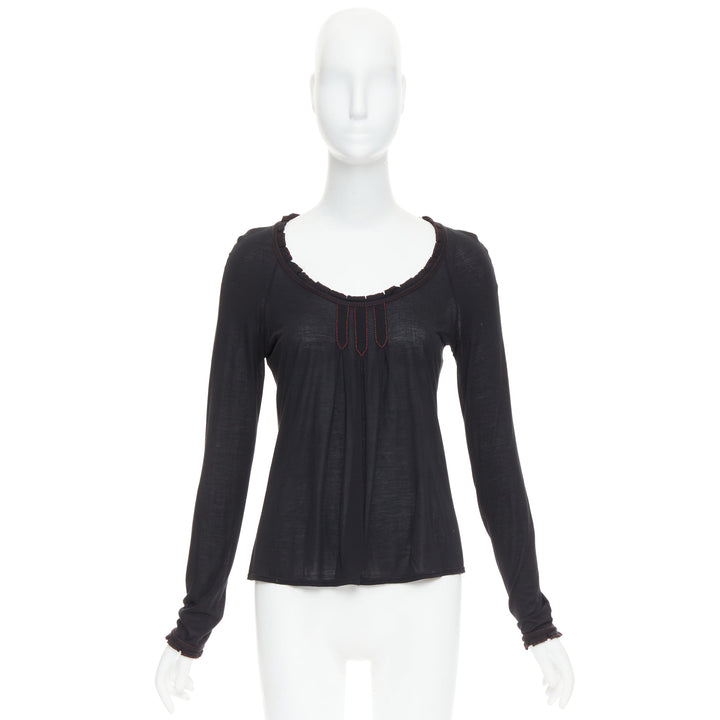 GUCCI 2006 Vintage black red overstitch nylon modal scoop neck plisse top M