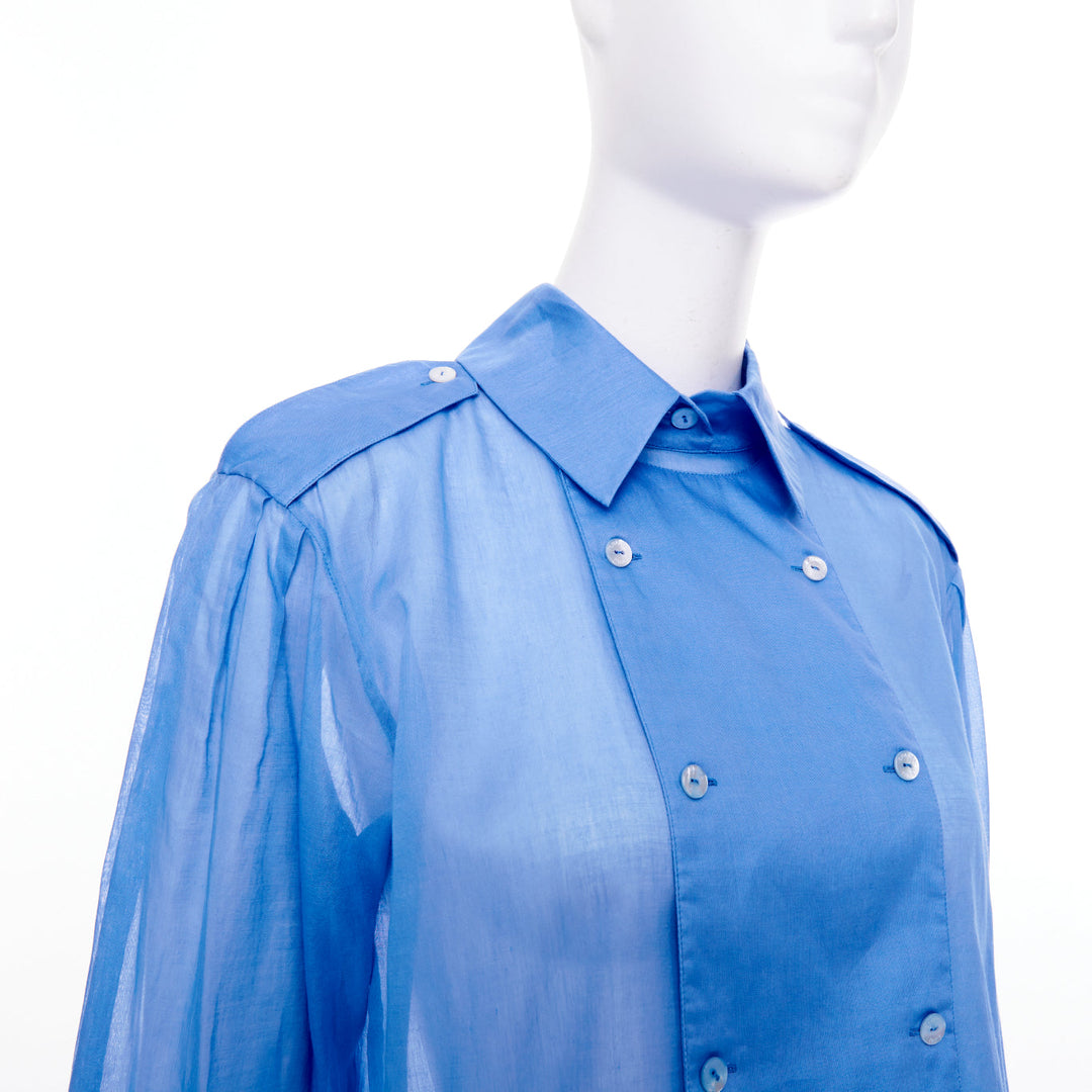 CHANEL sheer panel blue cotton double breasted epaulet button shirt FR38 M