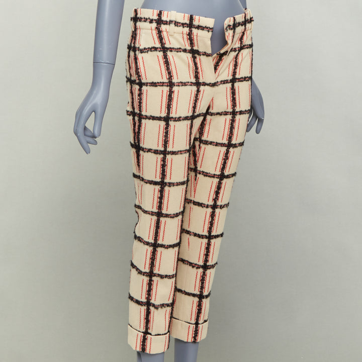 CHLOE Noir Rose black nude wool mohair plaid checked pants FR34 XS