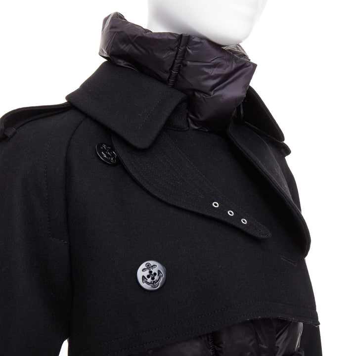 SACAI 2022 Hybrid black melton wool leather trim padded puffer trench coat JP1 S