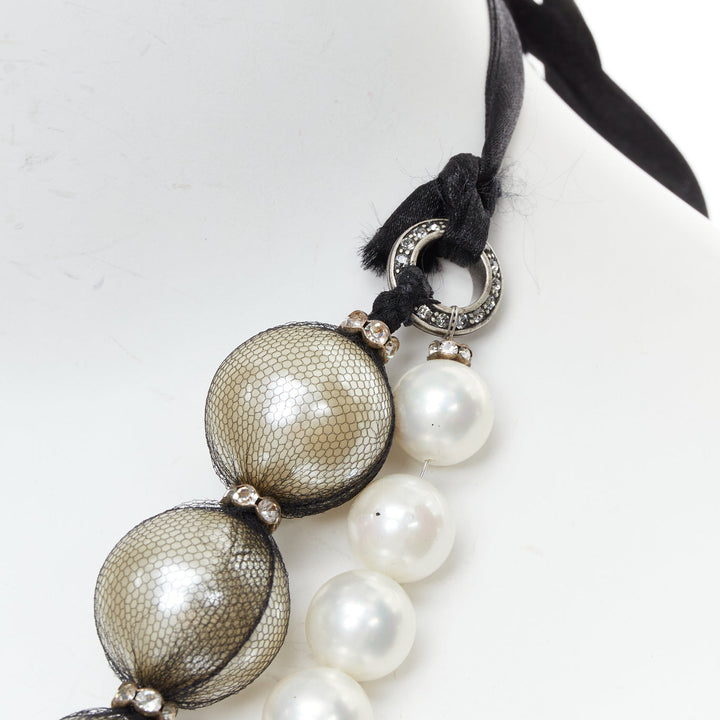 LANVIN black double strand wrapped faux pearl ribbon tie statement necklace