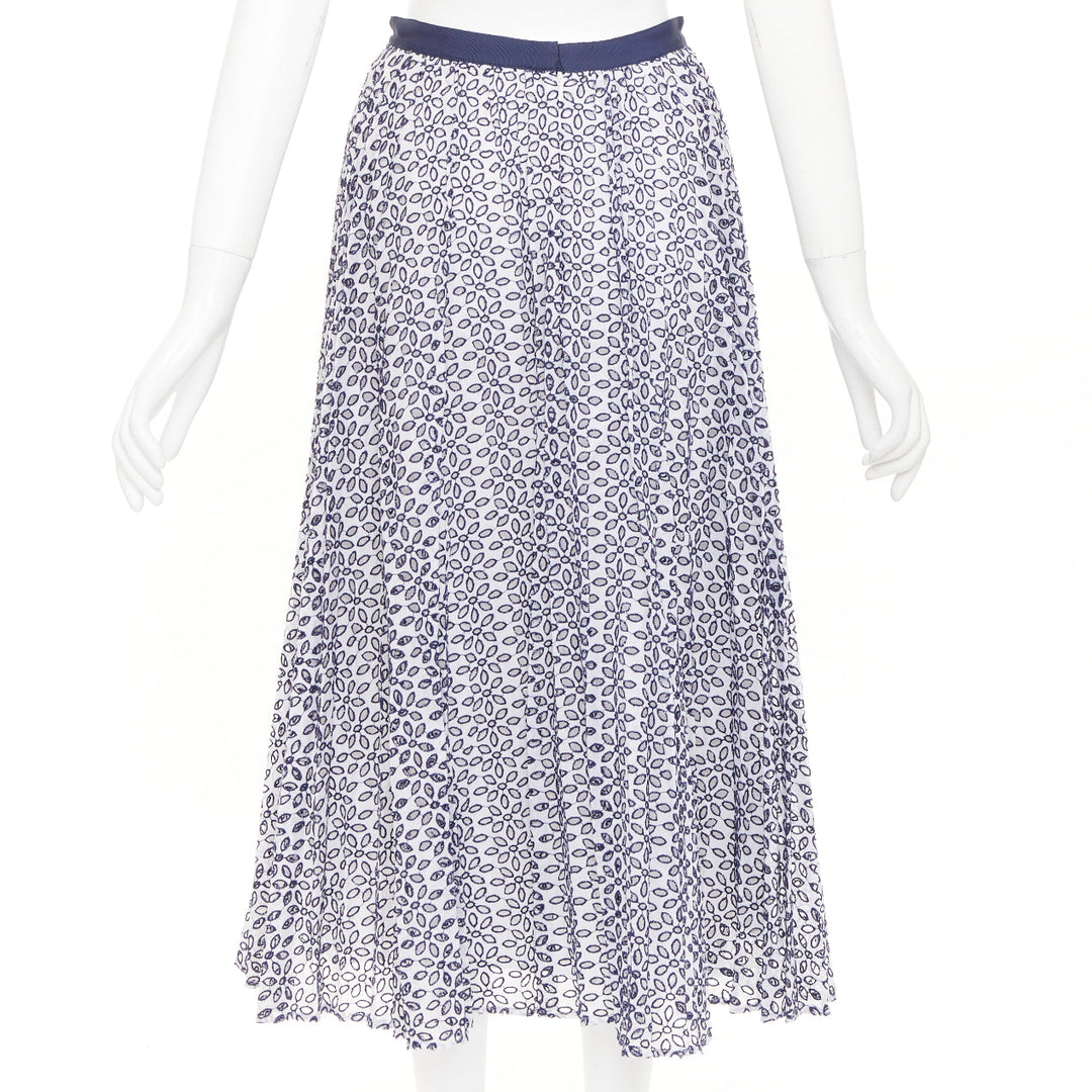 OSCAR DE LA RENTA S17 navy white cotton eyelet floral embroidered skirt XS US0