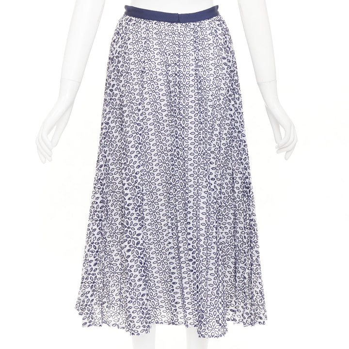 OSCAR DE LA RENTA S17 navy white cotton eyelet floral embroidered skirt XS US0