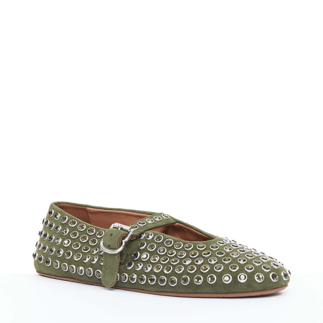 ALAIA 2023 La Ballerine Vert Foret green suede crystal buckle maryjane EU37.5