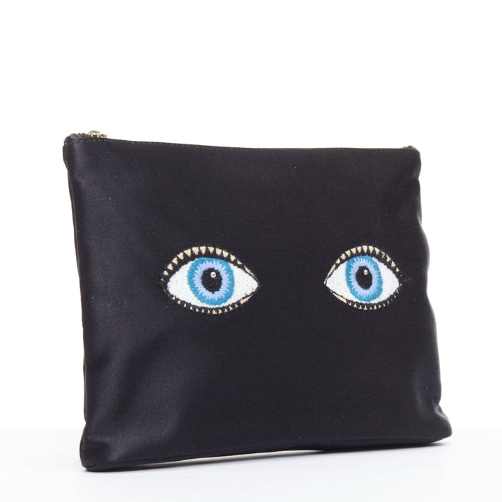 CHARLOTTE OLYMPIA black satin surrealist blue eye embroidery pouch bag