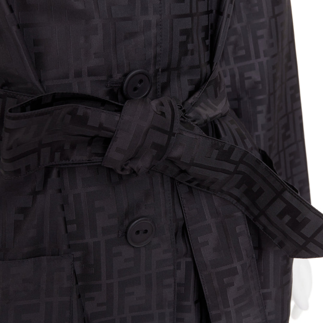 FENDI 1990s Vintage black cotton nylon FF Zucca monogram belt trench coat IT40 S