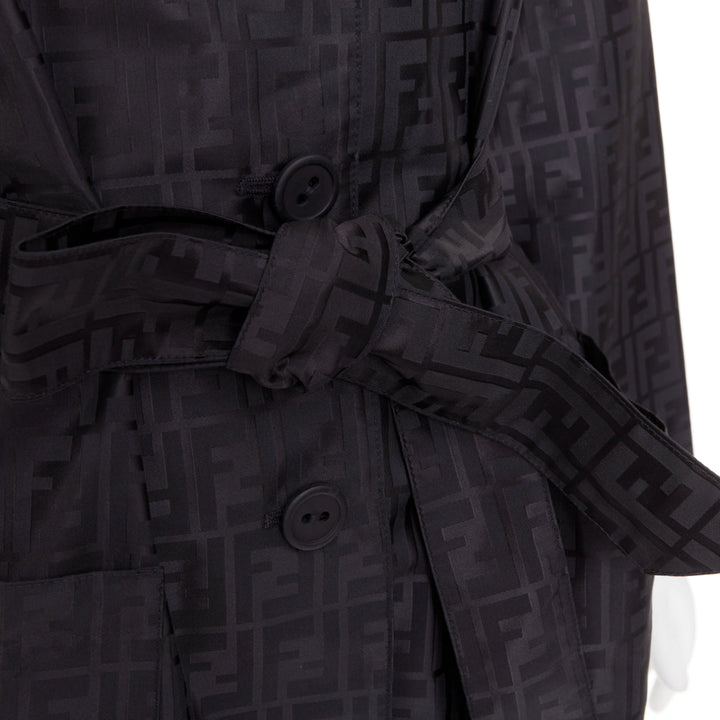 FENDI 1990s Vintage black cotton nylon FF Zucca monogram belt trench coat IT40 S