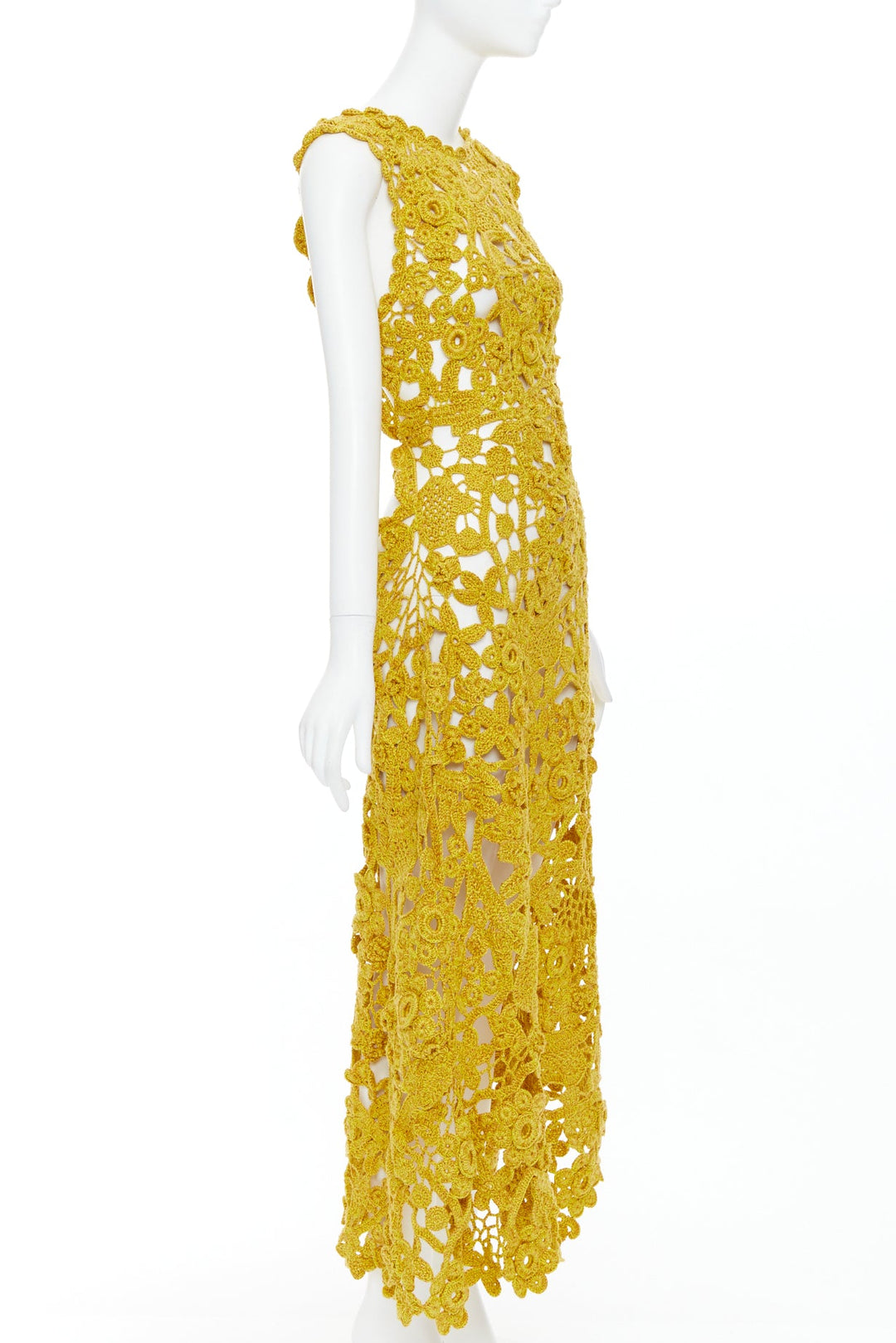 ULLA JOHNSON 2023 Yael yellow openwork guipure lace crochet dress S