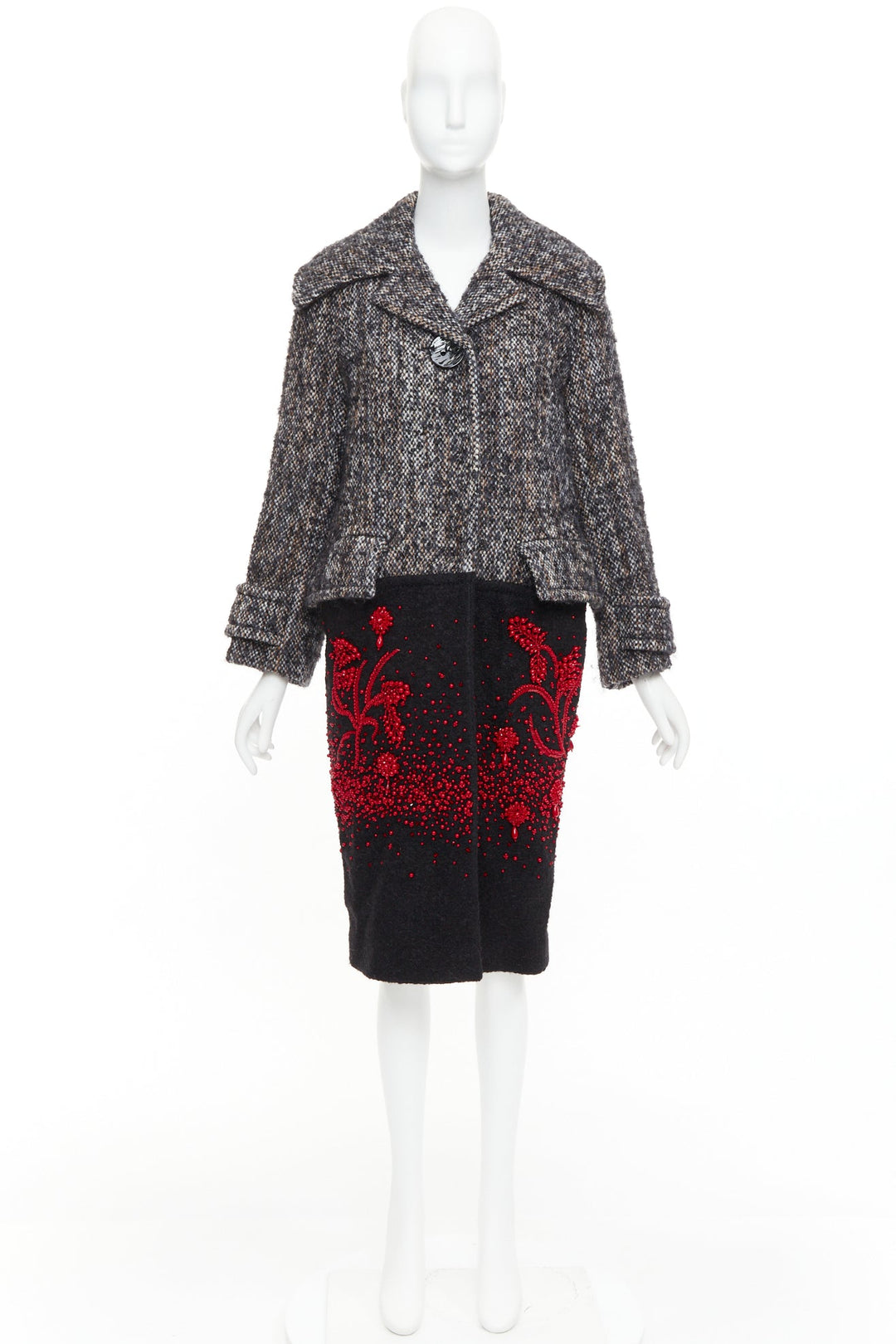 PRADA 2017 speckled wool tweed red bead embellishment hem long coat IT38 XS