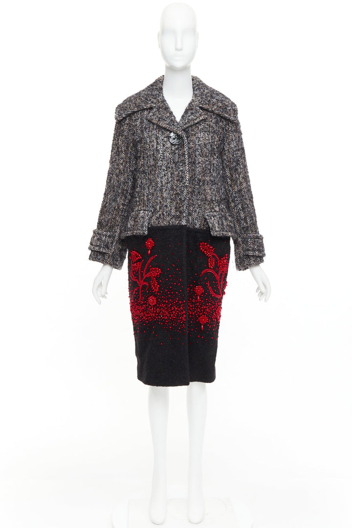 PRADA 2017 speckled wool tweed red bead embellishment hem long coat IT38 XS