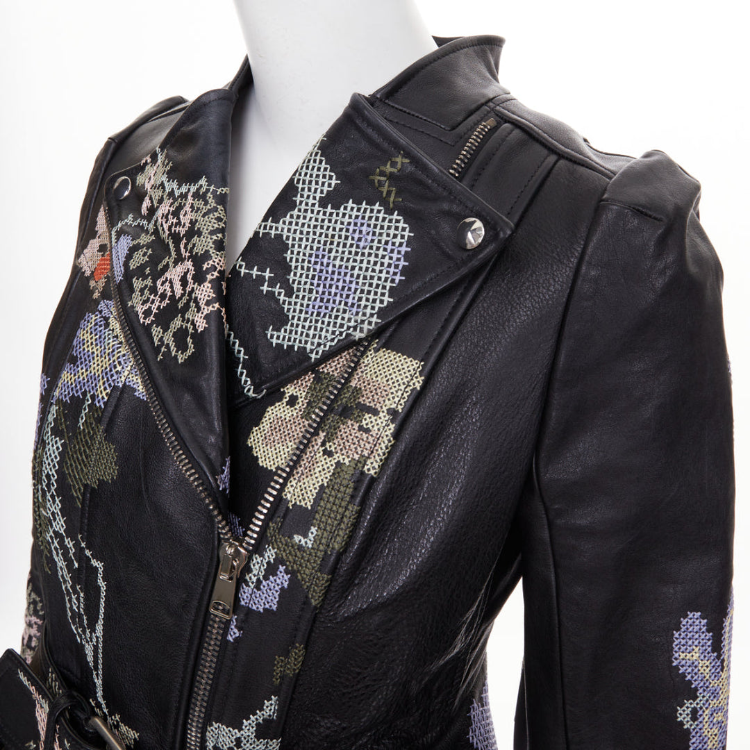 ALEXANDER MCQUEEN Cross Stitch Leather Moto floral peplum jacket IT40 S