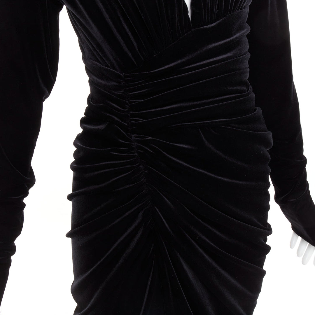ALEXANDRE VAUTHIER black velvet Power shoulder padded wrap drape slit gown dress