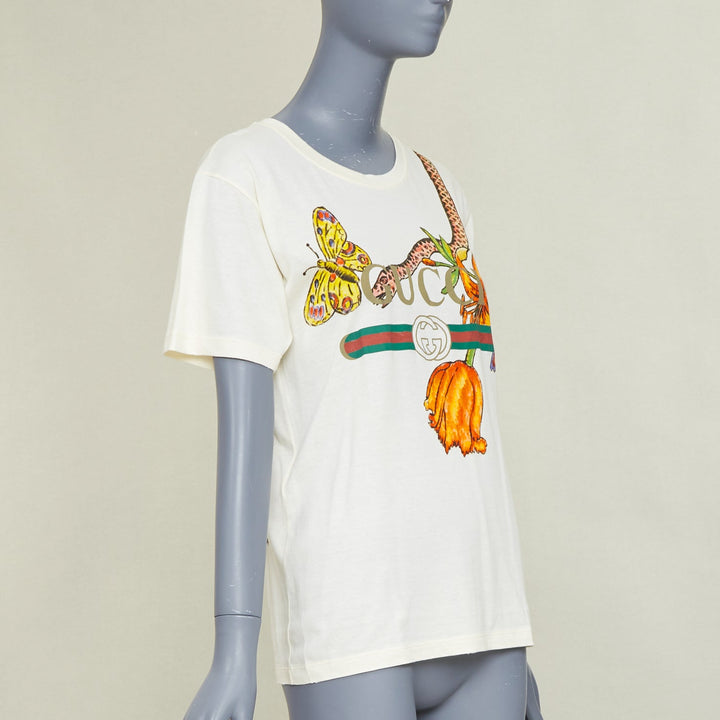 GUCCI Floral Snake Vintage Logo print off-white distressed crew neck tshirt XXS