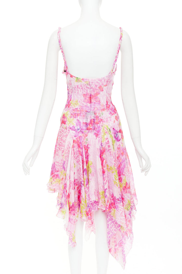 VERSACE 2023 Runway silk chiffon pink orchid logo chiffon pleated dress IT38