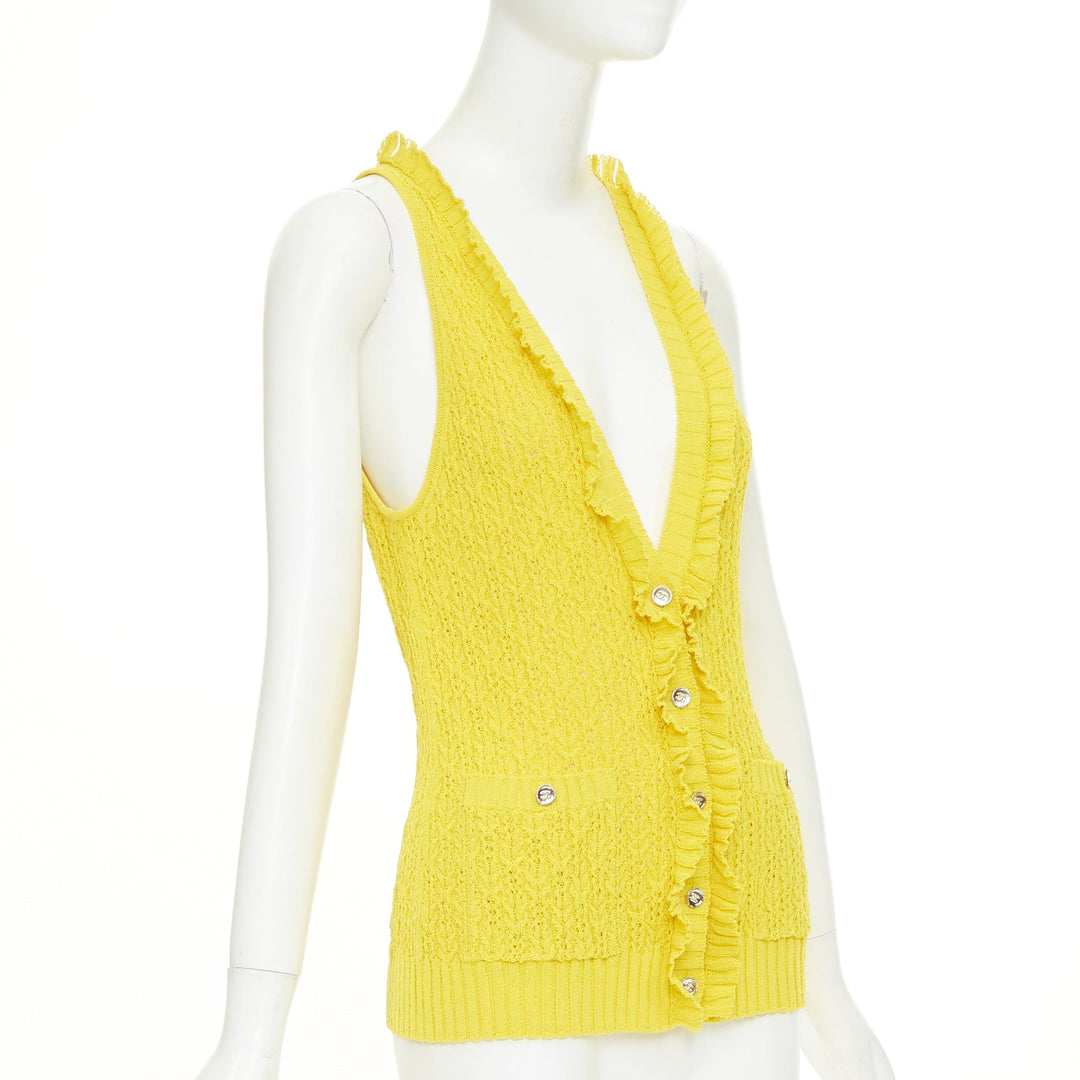 CHANEL 2025 marigold yellow openwork ruffle trim cotton vest cardigan FR34 XXS